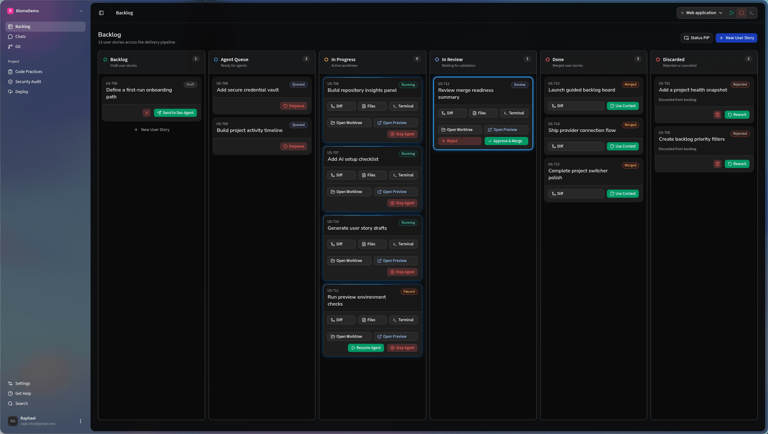 Blame backlog desktop interface